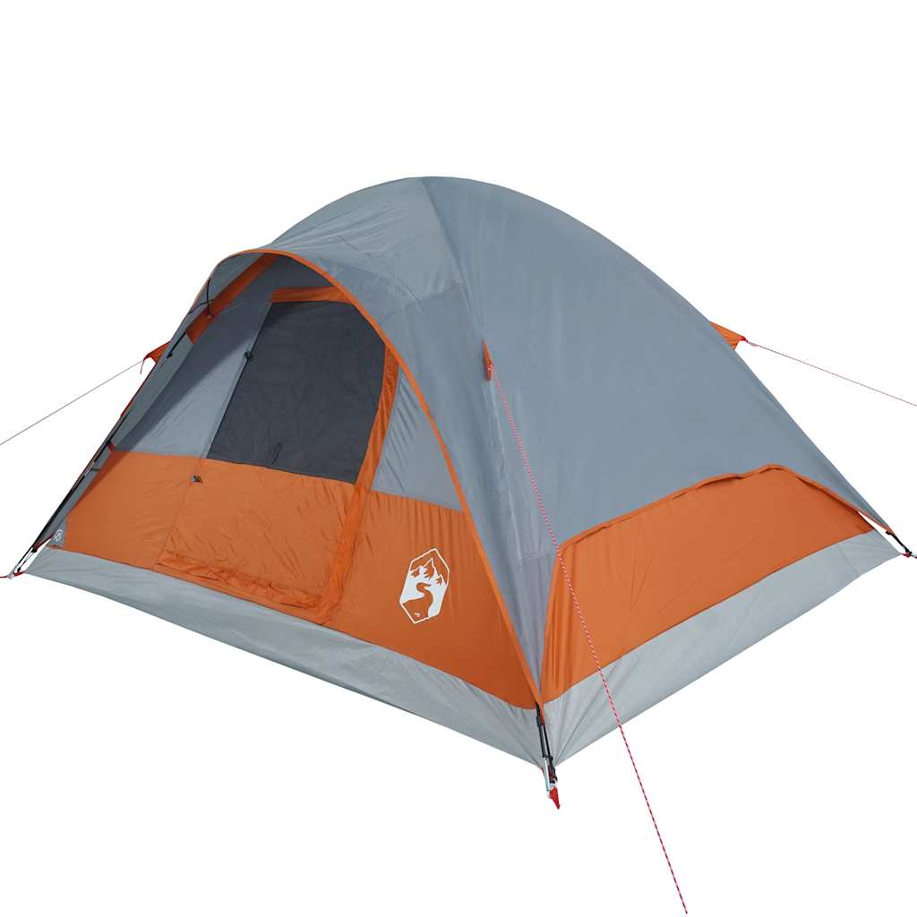 Zijaanzicht van de vidaXL koepeltent, waterdicht in oranje en grijs, met gaasventilatie.