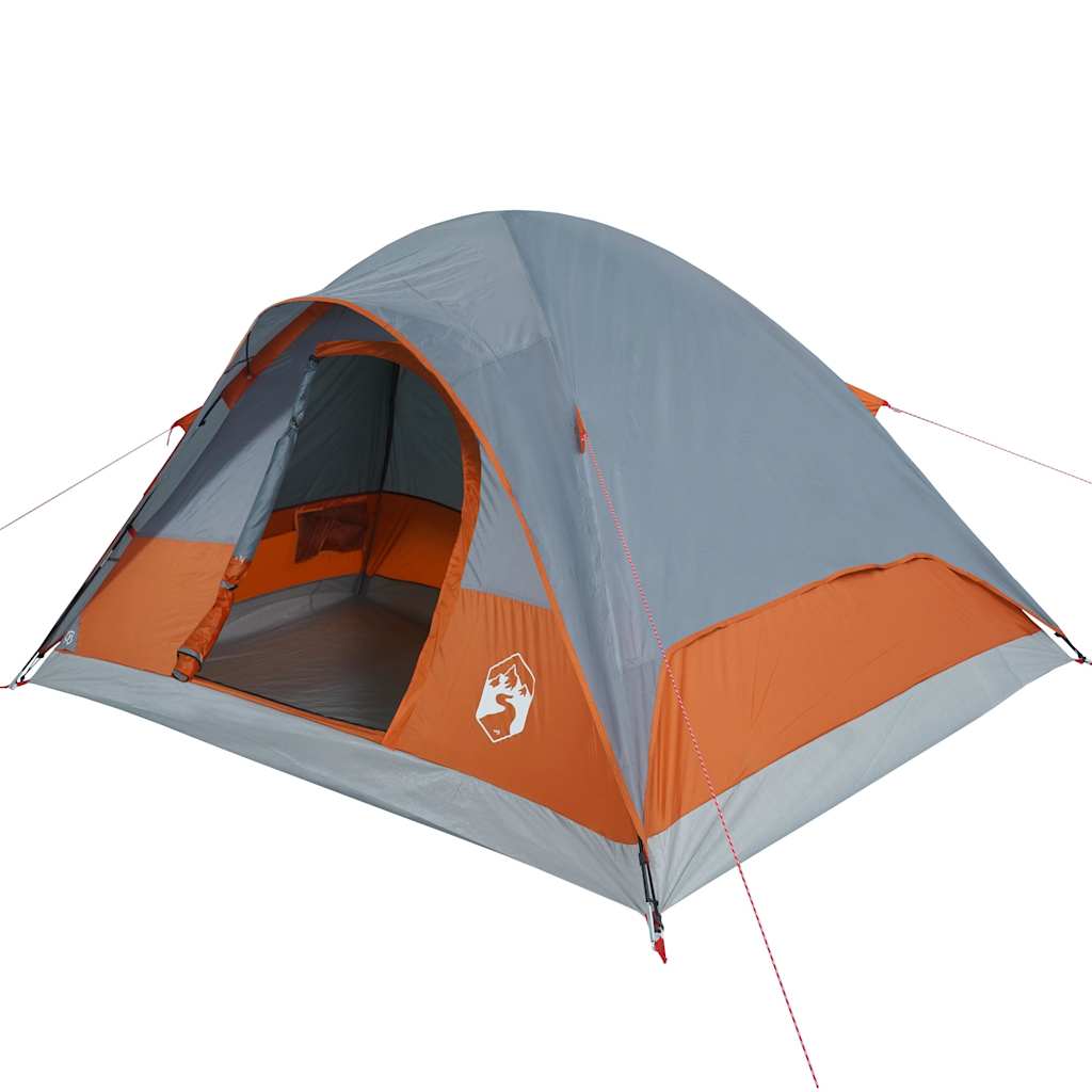 Zijaanzicht van de vidaXL 6-persoons koepeltent in waterdicht oranje en grijs.