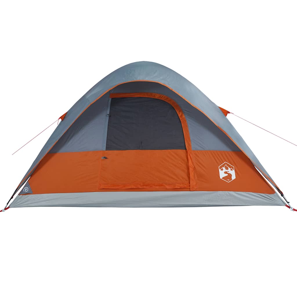 Zijaanzicht van de vidaXL koepeltent in oranje, met toegangsdeur en ventilatierooster.