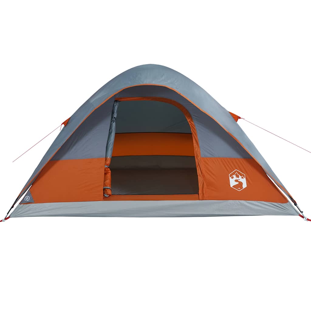 Zijaanzicht van de vidaXL koepeltent in oranje met grijze accenten en open ingang.