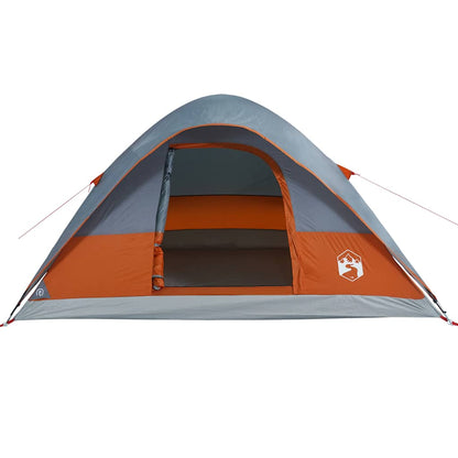 Zijaanzicht van de vidaXL koepeltent in oranje met grijze accenten en open ingang.