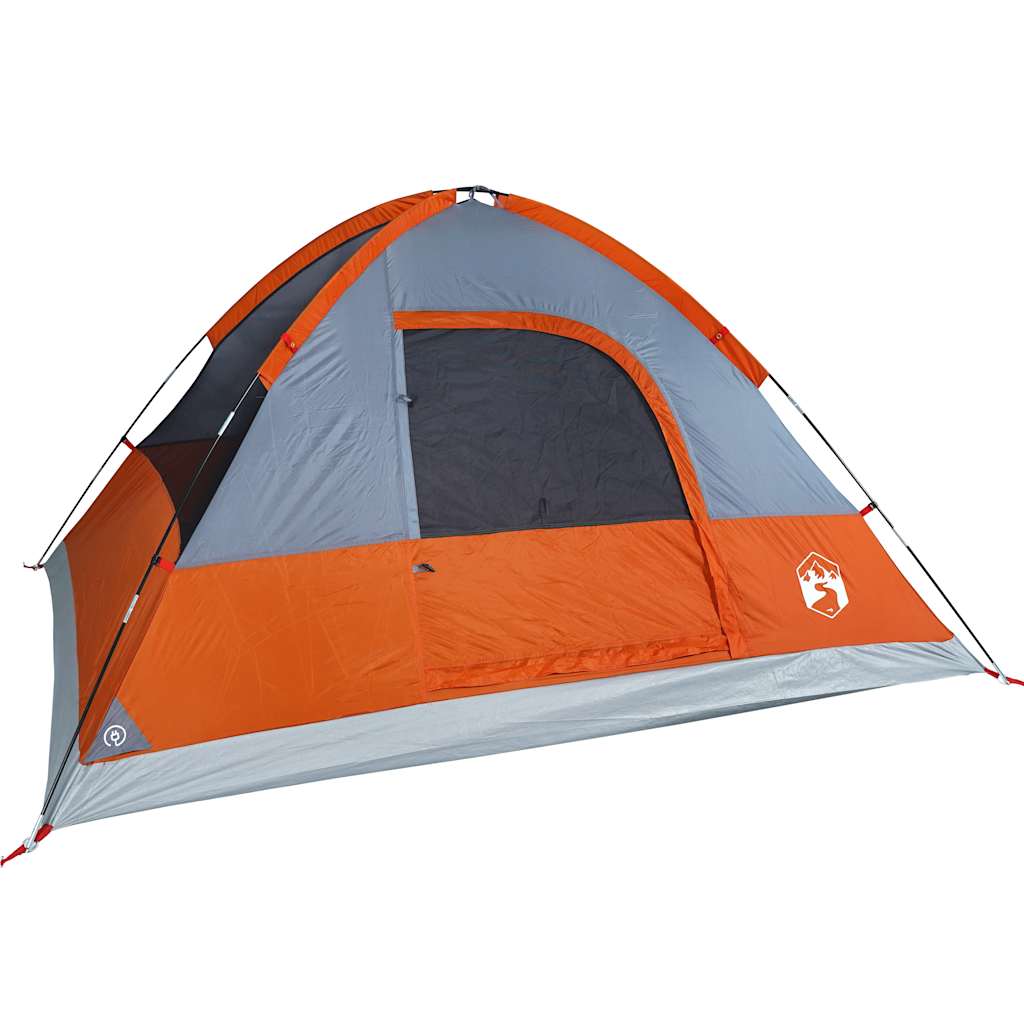 Detail van de vidaXL koepeltent in oranje en grijs, met gaaswanden voor ventilatie.
