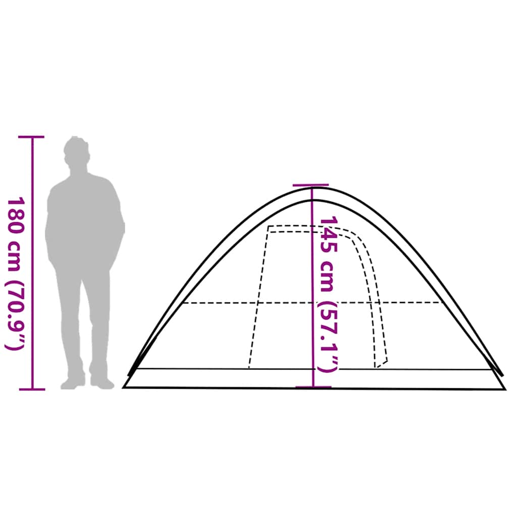 Zijaanzicht van de vidaXL koepeltent met afmetingen en silhouet van een persoon.