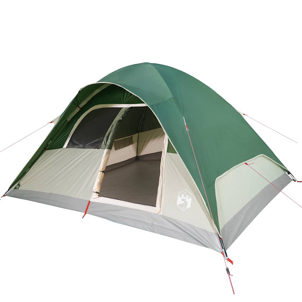 Zijaanzicht van de vidaXL koepeltent in groen, met open ingang en waterdichte bekleding.