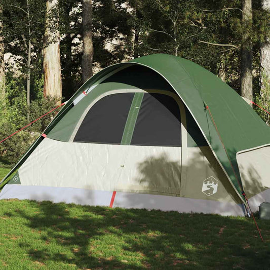 Koepeltent vidaXL 6-persoons in groen, waterdicht met ventilatiepanelen.