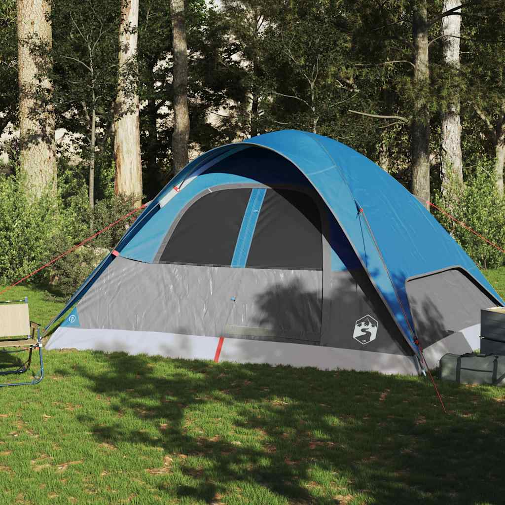 Zijaanzicht van de vidaXL koepeltent in blauw, met gaasventilatie en waterdichte bodem.
