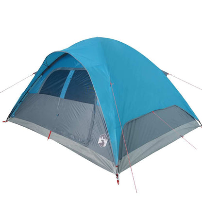 Zijaanzicht van de vidaXL koepeltent in blauw met ventilatierooster en waterdichte stof.