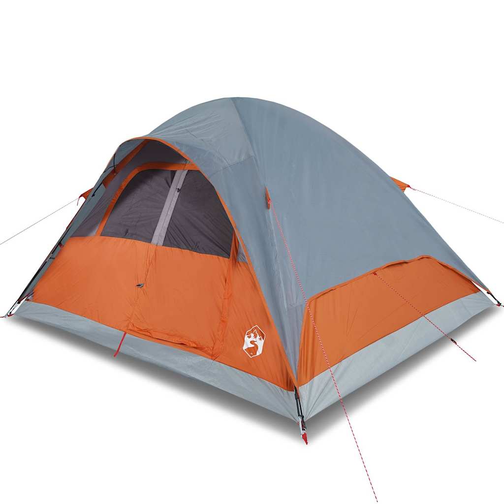Detail van de vidaXL koepeltent in oranje en grijs, met open deur en ventilatierooster.