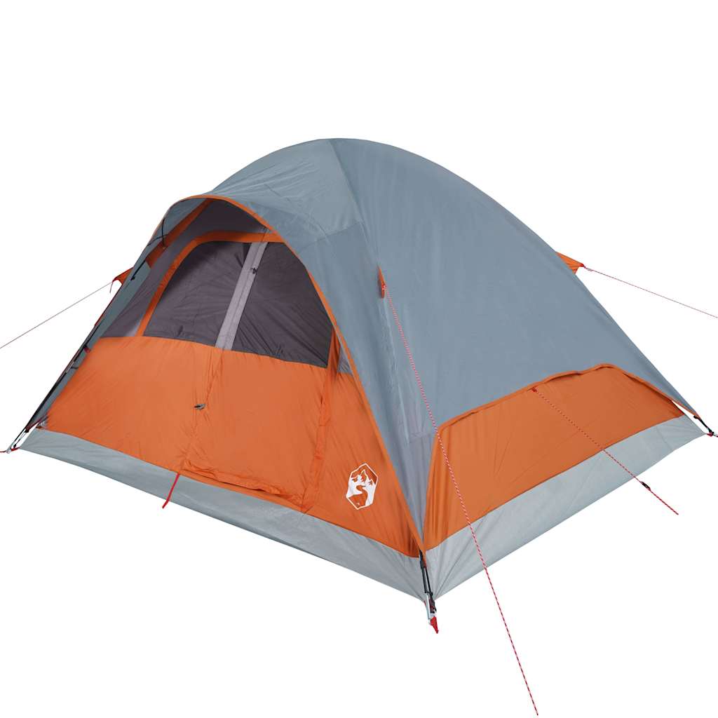 Zijaanzicht van de vidaXL koepeltent in oranje en grijs, met ventilatieroosters.