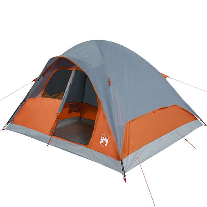 Detail van de vidaXL koepeltent in oranje en grijs, met open ingang en ventilatie.