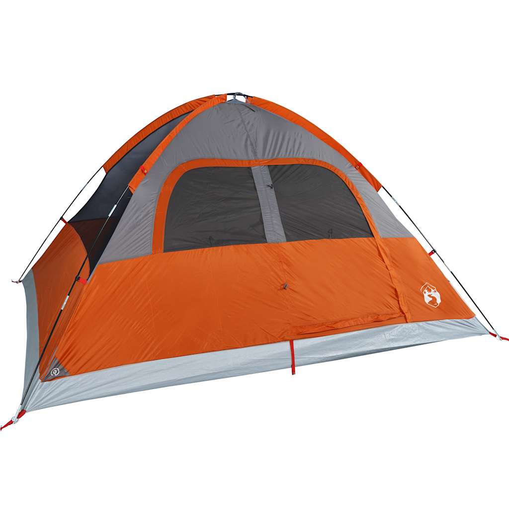 Detail van de vidaXL koepeltent in oranje met grijze accenten en ventilatieroosters.