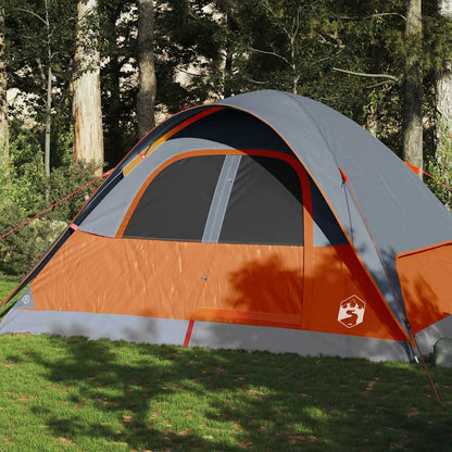 vidaXL koepeltent voor 6 personen in oranje met grijze accenten, zijaanzicht in de natuur.