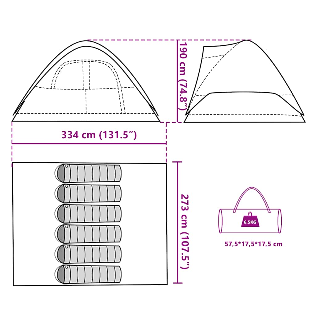 Detailtekening van de vidaXL koepeltent met afmetingen en draagtas.
