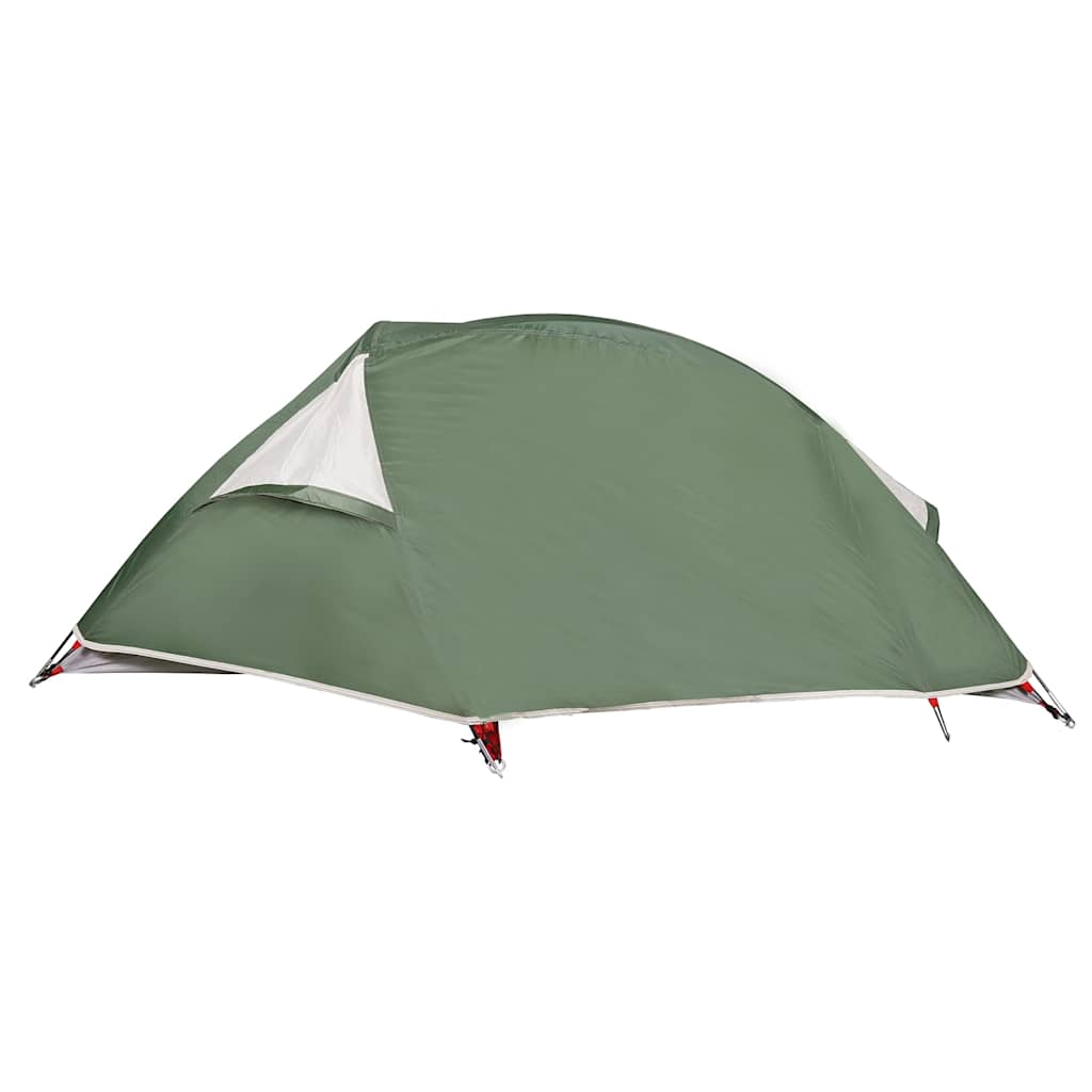Zijaanzicht van de groene vidaXL koepeltent, met een open ventilatieopening.