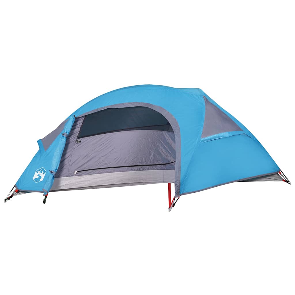 Zijaanzicht van de vidaXL koepeltent in blauw, met open ingang en ventilatieroosters.