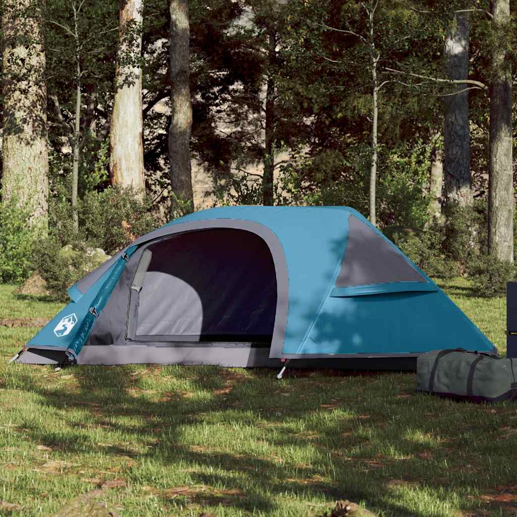 Blauwe vidaXL koepeltent voor één persoon, waterdicht en met ventilatie, in een bosrijke omgeving.