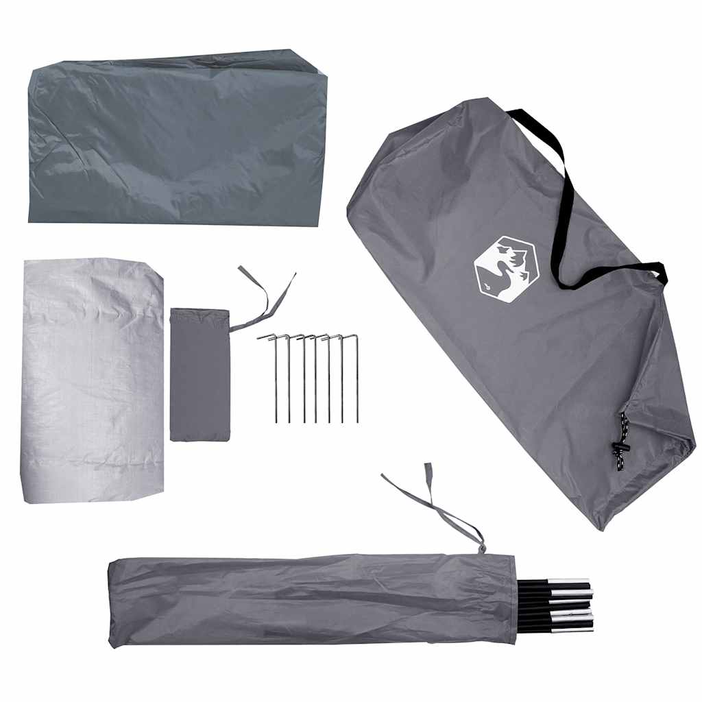 Grijze accessoires voor de vidaXL 1-persoons koepeltent, inclusief stokken en haringen.
