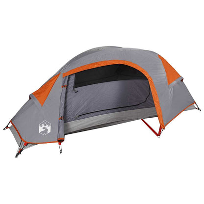 Detail van de vidaXL koepeltent in grijs met oranje accenten, zijaanzicht met open deur.