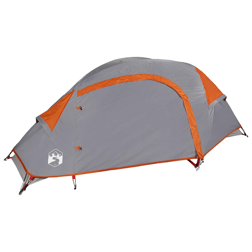 Zijaanzicht van de vidaXL 1-persoons koepeltent in grijs met oranje accenten.