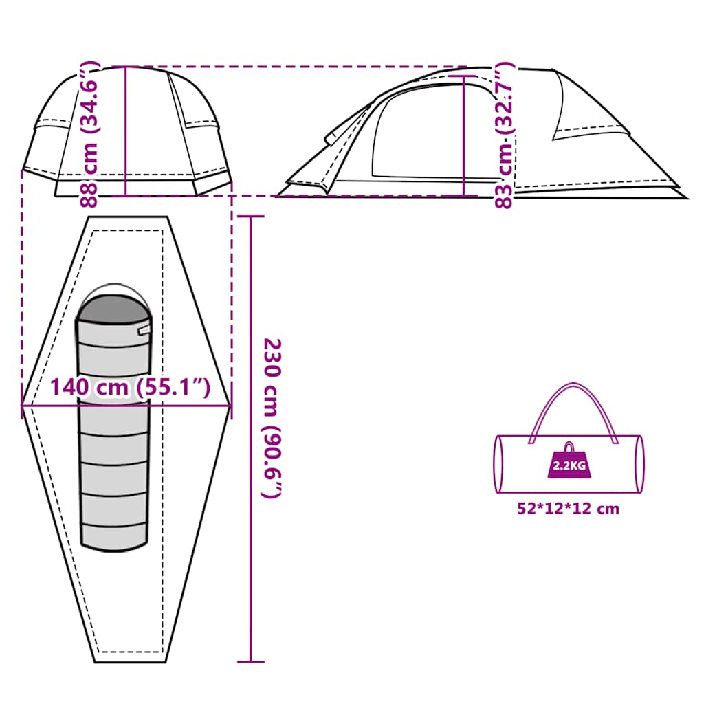 Detailweergave van de afmetingen en vorm van de vidaXL koepeltent, inclusief slaapzakruimte.