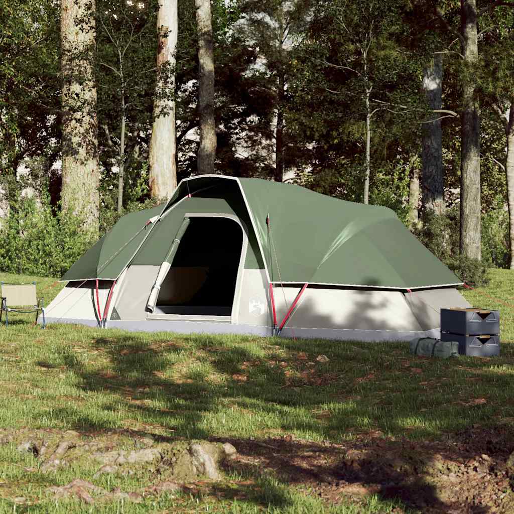 Detail van de vidaXL koepeltent in groen, zijaanzicht met open ingang en natuur op de achtergrond.