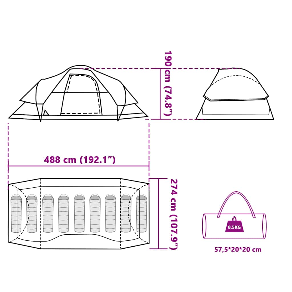 Technische tekening van de vidaXL 9-persoons koepeltent met afmetingen en details.