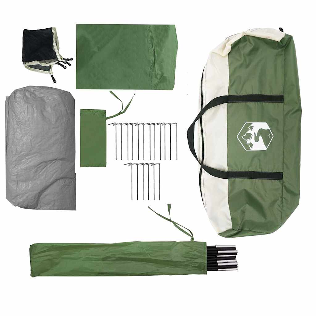Detail van de accessoires van de vidaXL koepeltent, inclusief stokken en haringen in groen.
