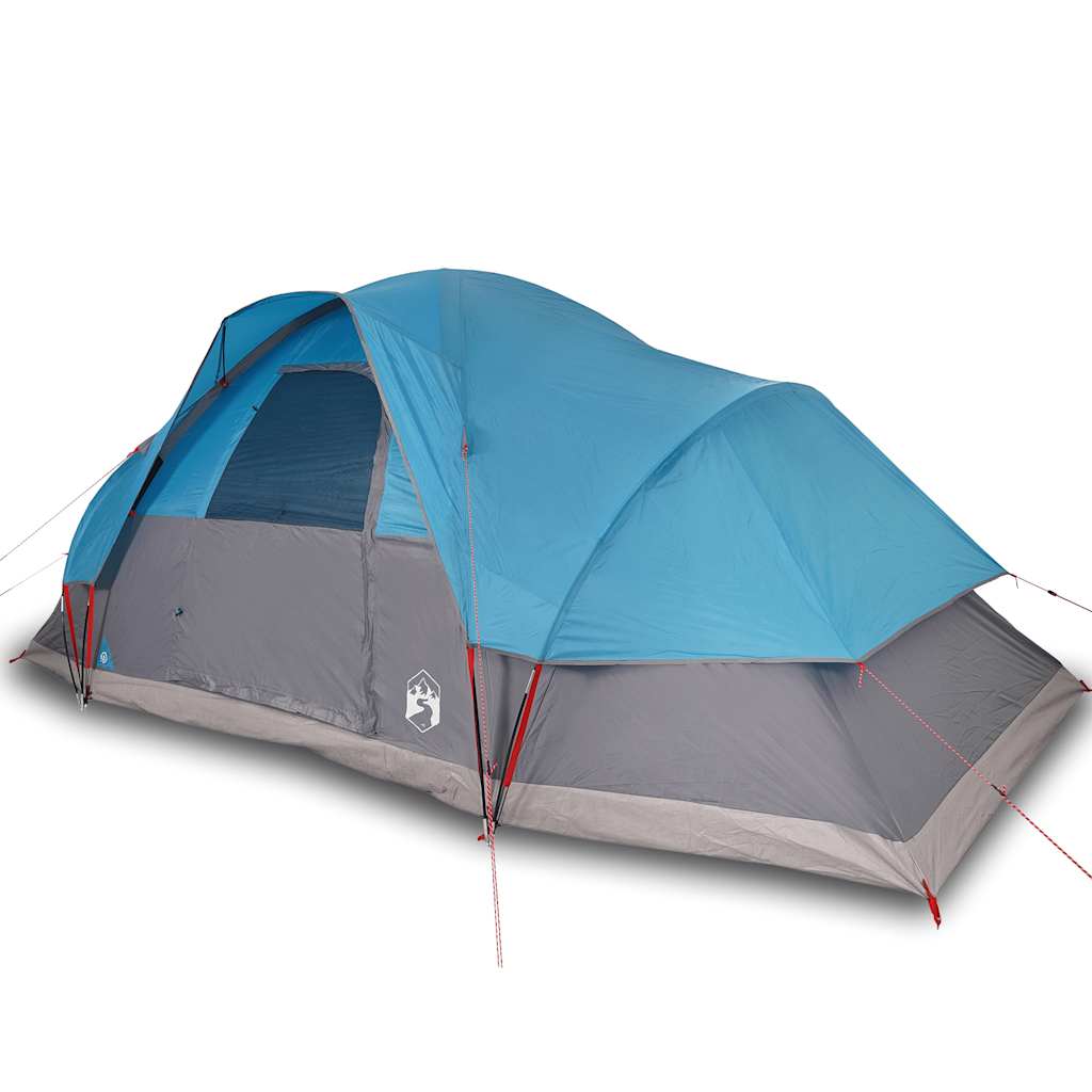 Zijaanzicht van de vidaXL koepeltent in blauw met grijze accenten en ventilatieroosters.