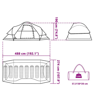 Detailtekening van de vidaXL koepeltent met afmetingen en opberginformatie.