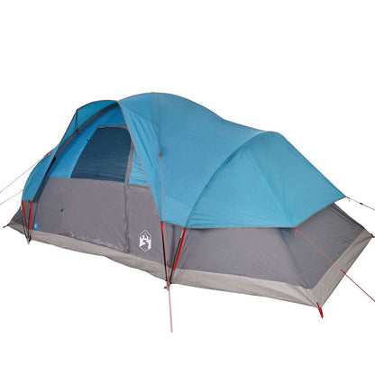 Zijaanzicht van de vidaXL koepeltent in blauw met grijze onderkant en ventilatieopeningen.