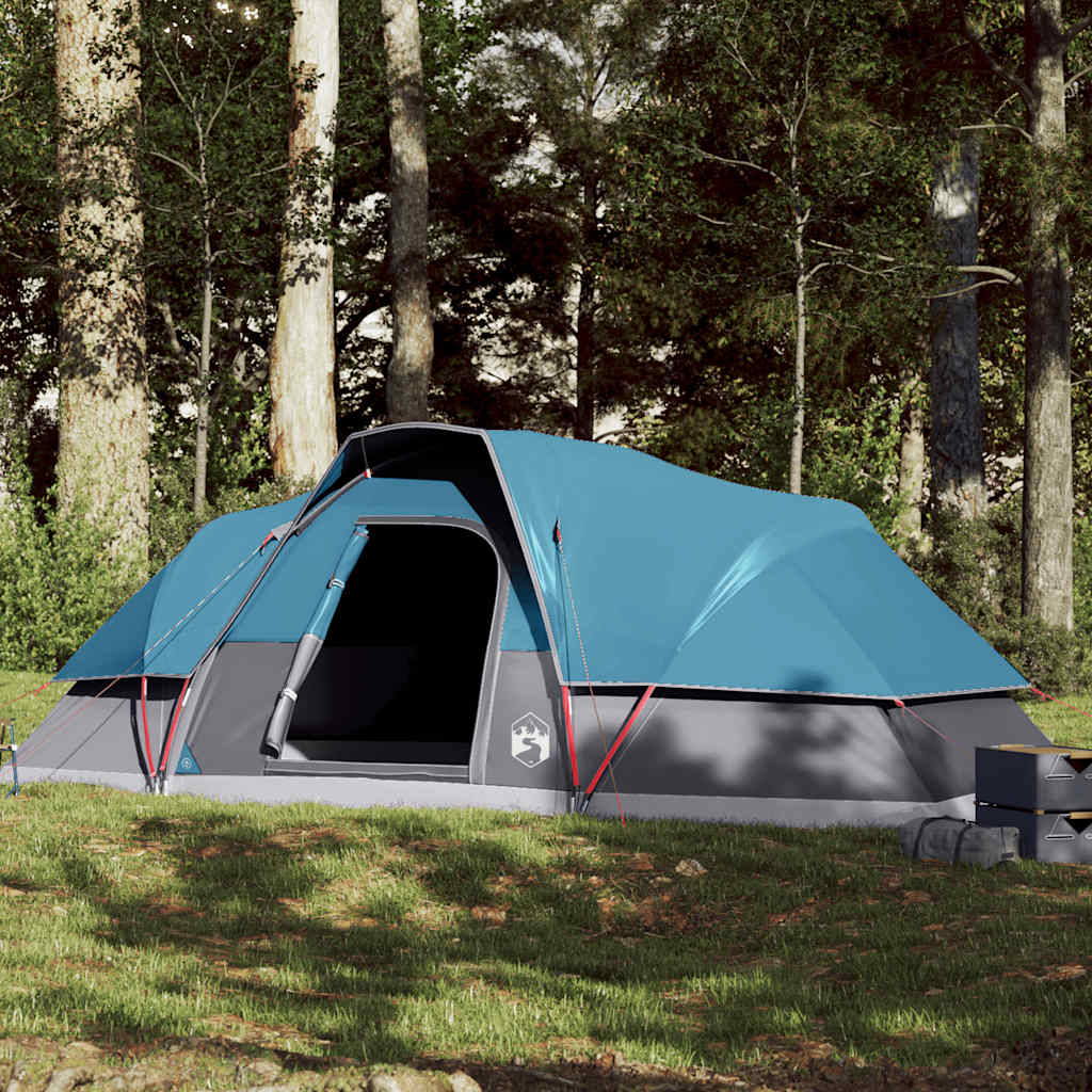Blauwe vidaXL koepeltent voor 9 personen, waterdicht en geplaatst in een bosrijke omgeving.