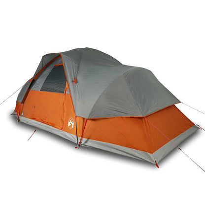 Zijaanzicht van de vidaXL koepeltent in oranje met grijze details en ventilatieroosters.