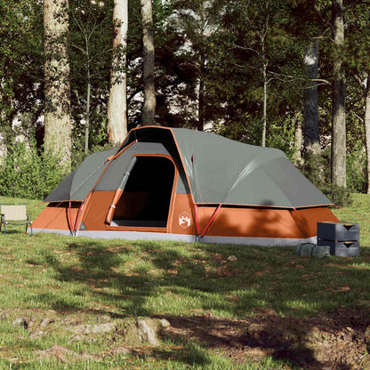 Zijaanzicht van de vidaXL koepeltent in oranje, met een grijze tentdoek en open ingang.