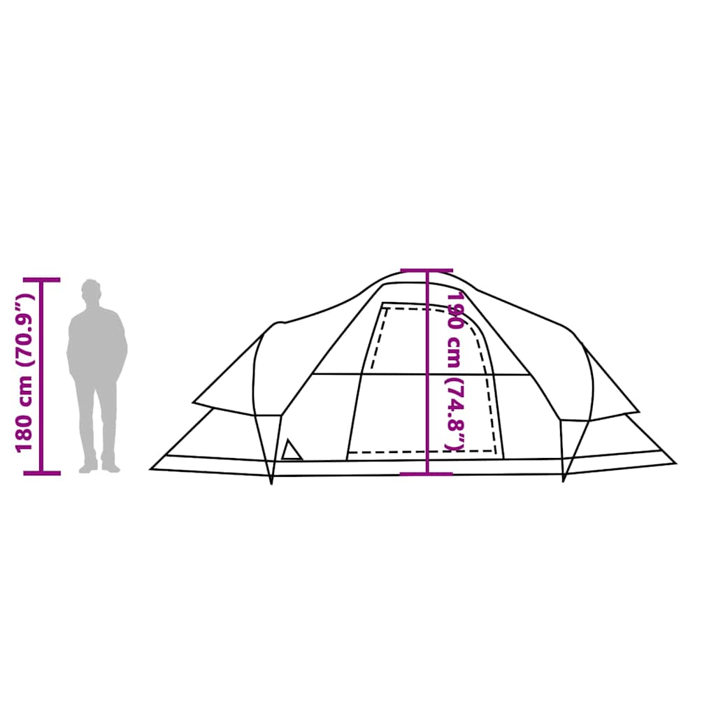 Zijaanzicht van de vidaXL koepeltent met afmetingen en hoogte van 180 cm.