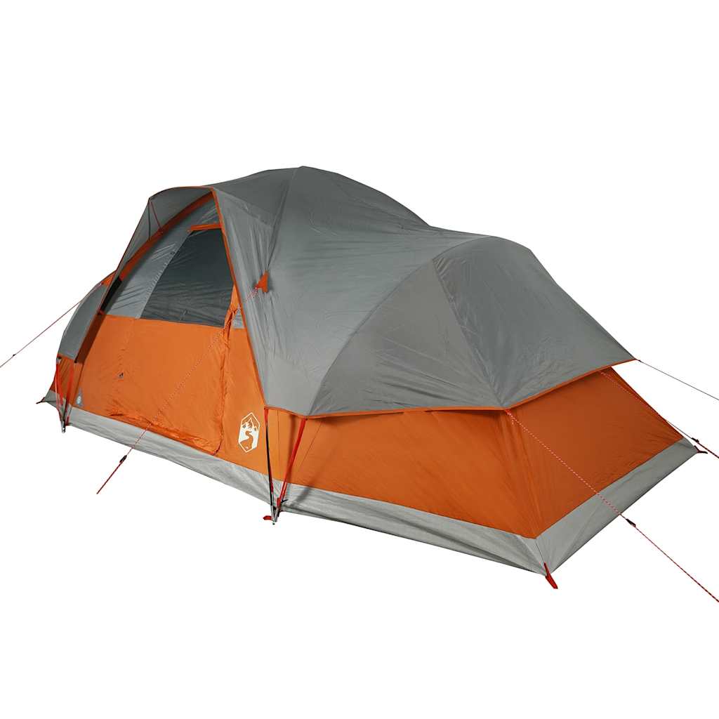 Zijaanzicht van de vidaXL koepeltent in oranje en grijs, met ventilatieroosters.