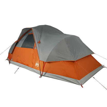 Zijaanzicht van de vidaXL koepeltent in oranje en grijs, met ventilatieroosters.