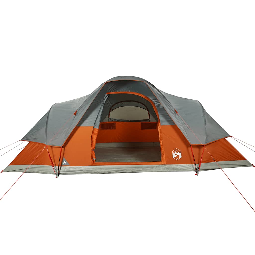 Zijaanzicht van de vidaXL koepeltent in oranje met grijze accenten, open voor ventilatie.