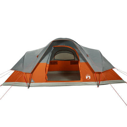 Zijaanzicht van de vidaXL koepeltent in oranje met grijze accenten, open voor ventilatie.