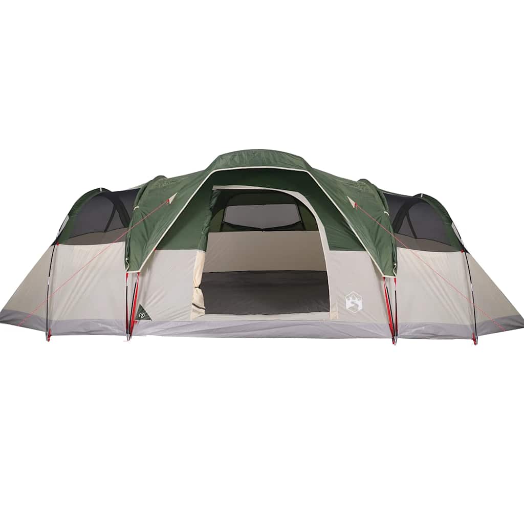 Detail van de vidaXL koepeltent in groen met open ingangen en gaaswanden.