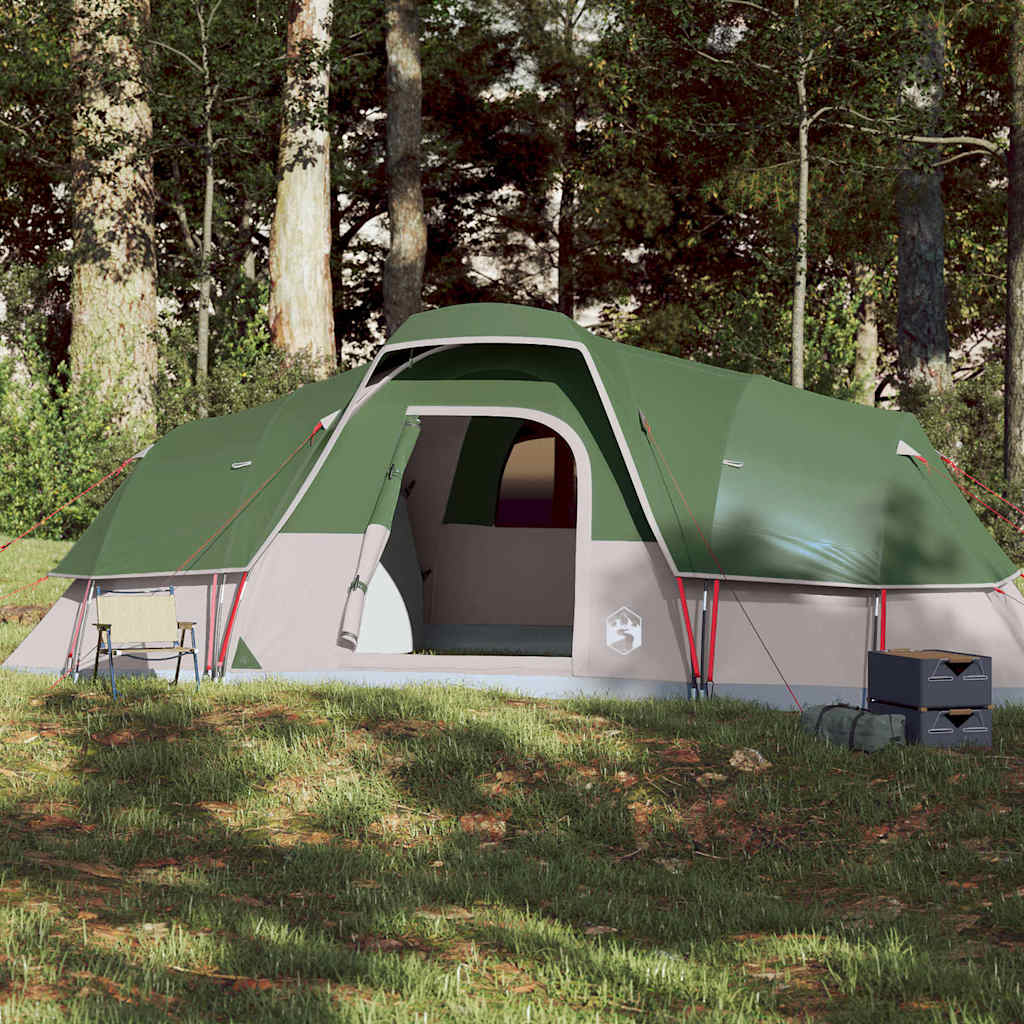 Koepeltent vidaXL 11-persoons in groen, waterdicht met ruime ingang en ventilatie.
