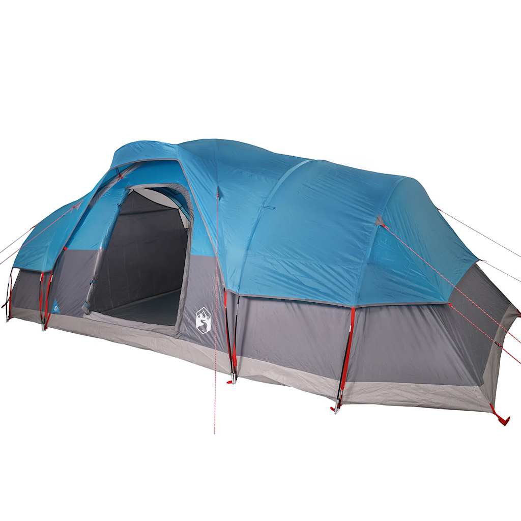 Zijaanzicht van de vidaXL koepeltent in blauw met ingangen en ventilatieopeningen.