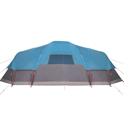 Zijaanzicht van de vidaXL koepeltent in blauw, met ventilatieroosters en stevige stokken.