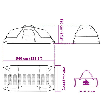 Detailtekening van de vidaXL koepeltent met afmetingen en opbergtas.