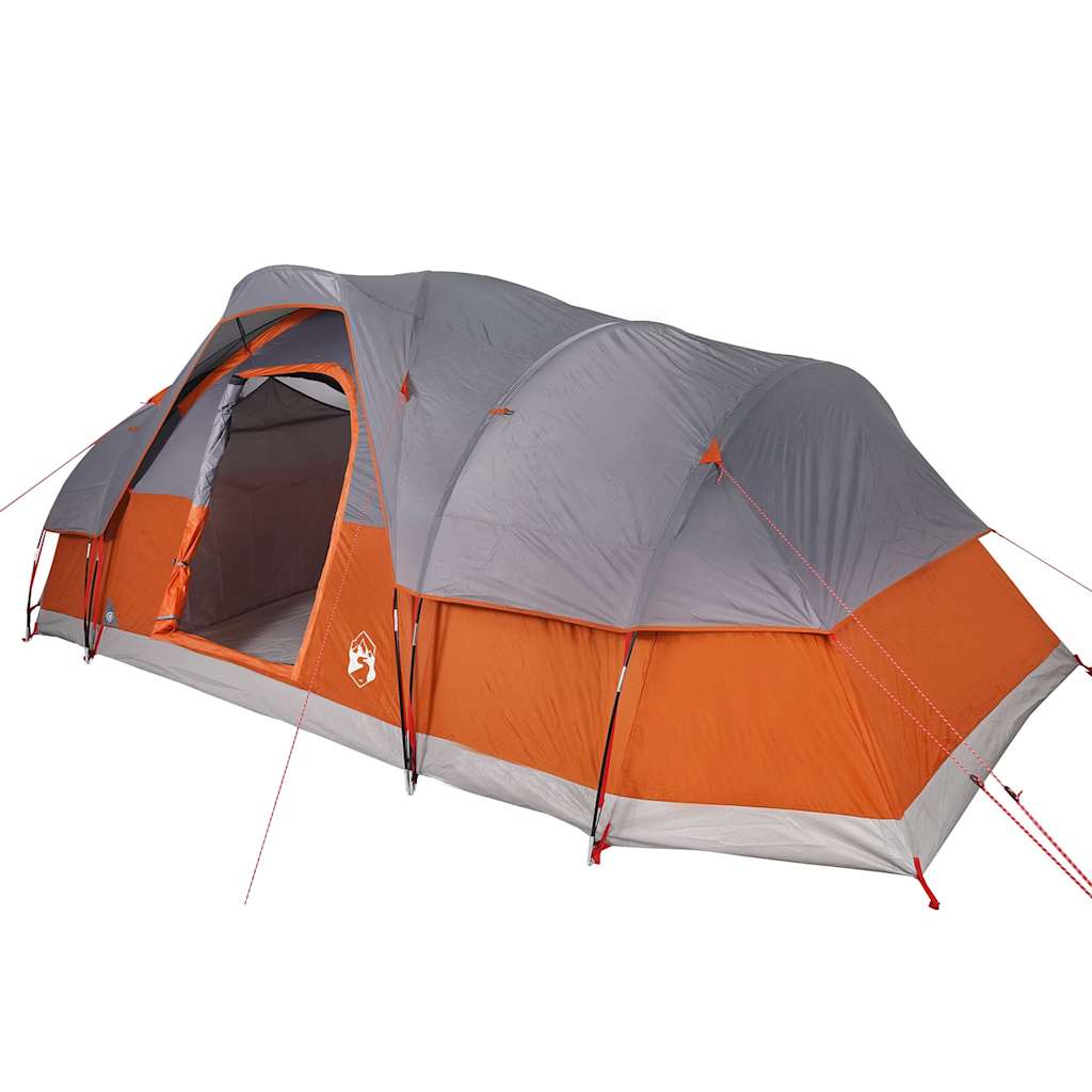 Zijaanzicht van de vidaXL koepeltent in grijs en oranje, met een ruime ingang.