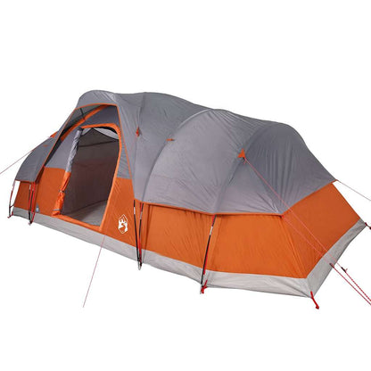 Zijaanzicht van de vidaXL koepeltent in grijs en oranje, met een ruime ingang.