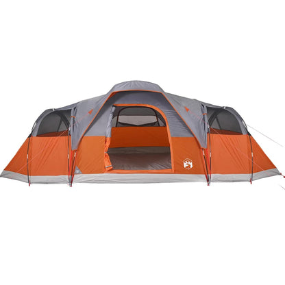 Zijaanzicht van de vidaXL koepeltent in grijs en oranje, met open deur en ventilatieroosters.
