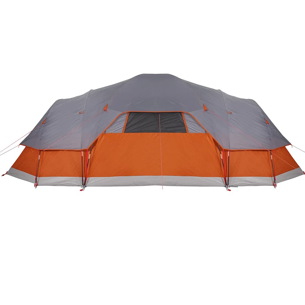 Zijaanzicht van de vidaXL koepeltent in grijs en oranje, met ventilatieroosters.
