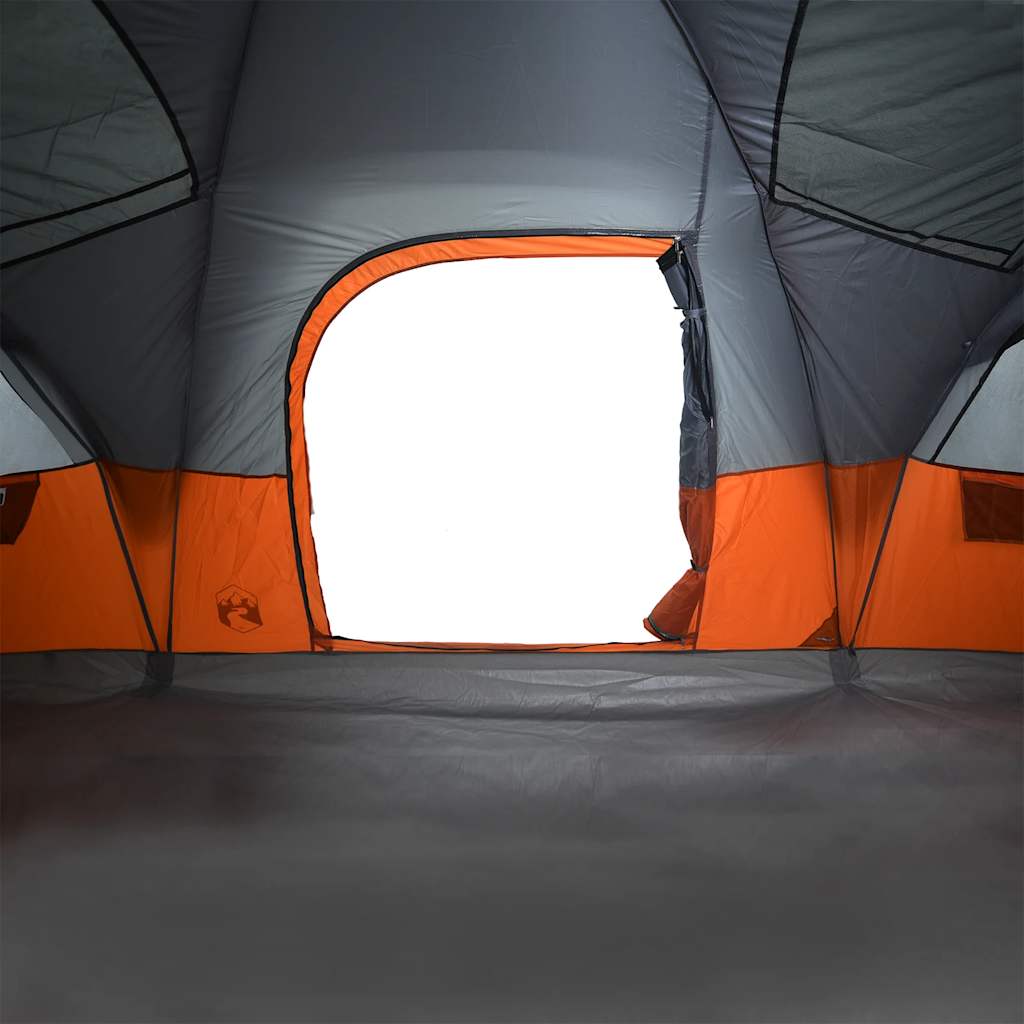 Detail van de grijze vidaXL koepeltent met oranje ingang en uitstekende ventilatie.