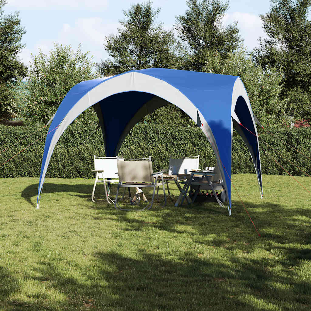 Detail van de vidaXL partytent in blauw, met open voorkant en ruimte voor meubels.
