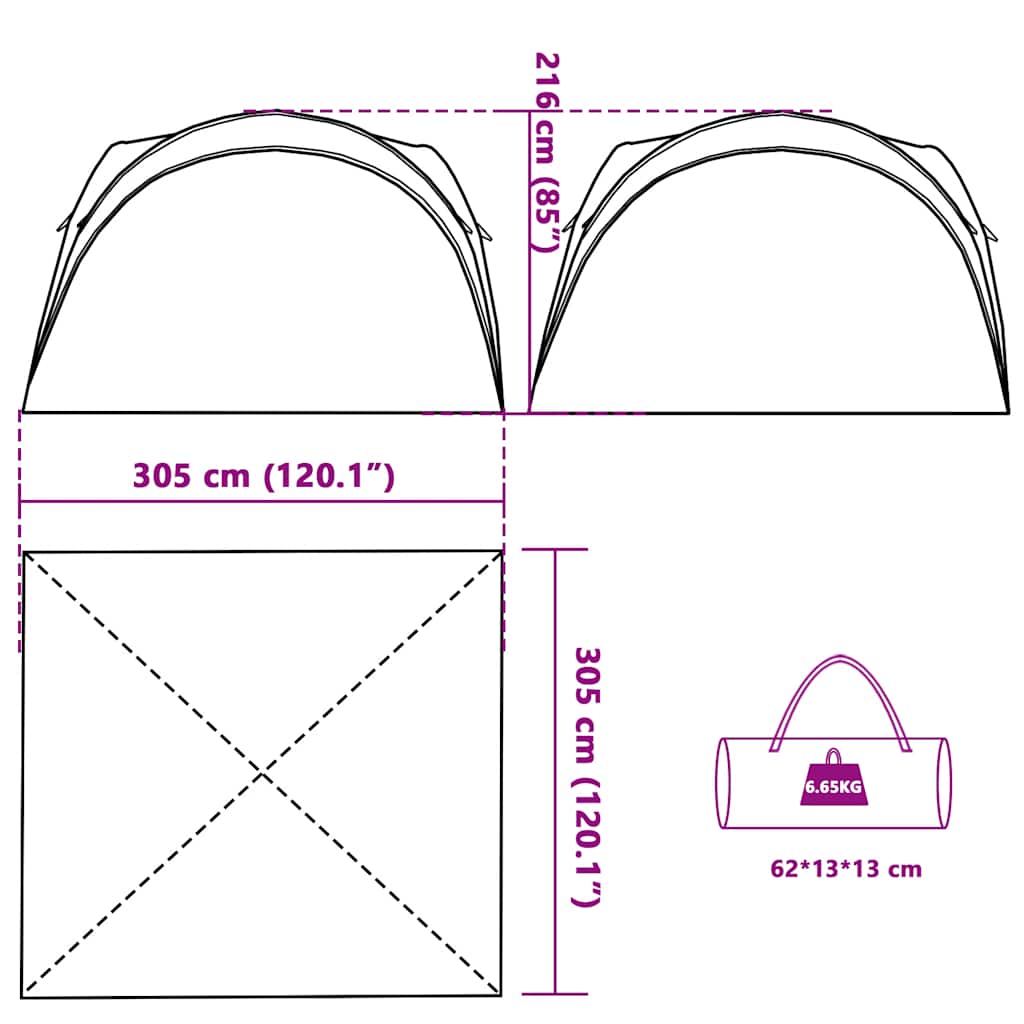 Detail van de afmetingen van de vidaXL waterdichte partytent in blauw.